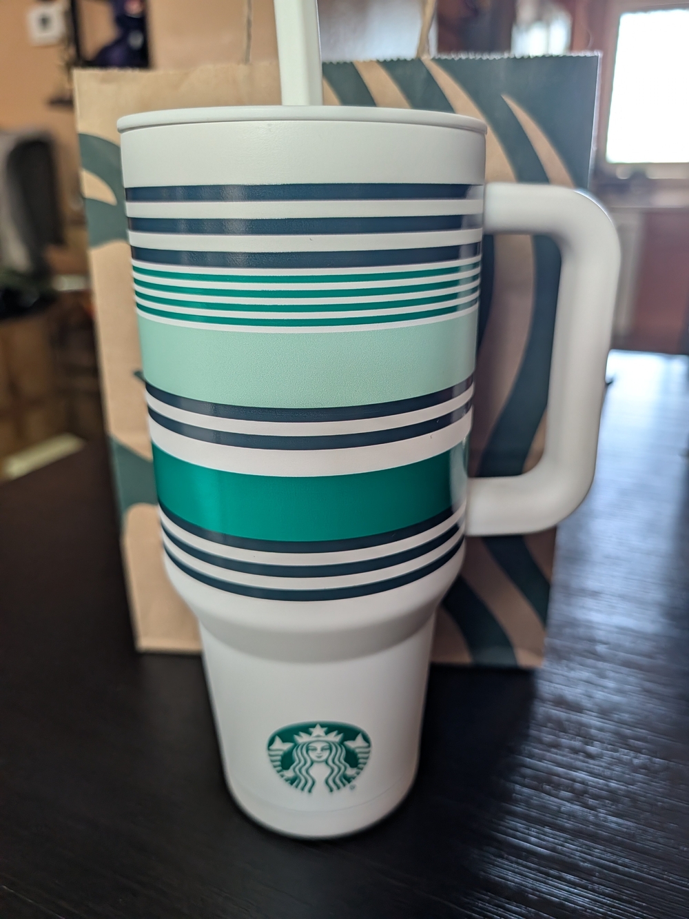 Starbucks Green Stripe Insulated Travel Mug